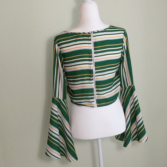 Ups & Downs Crop Top Women's Size M Green Striped Long Bell Sleeve - Picture 11 of 16